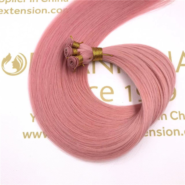 Wholesale human remy hand tied weft hair extensions customized color light pink X393